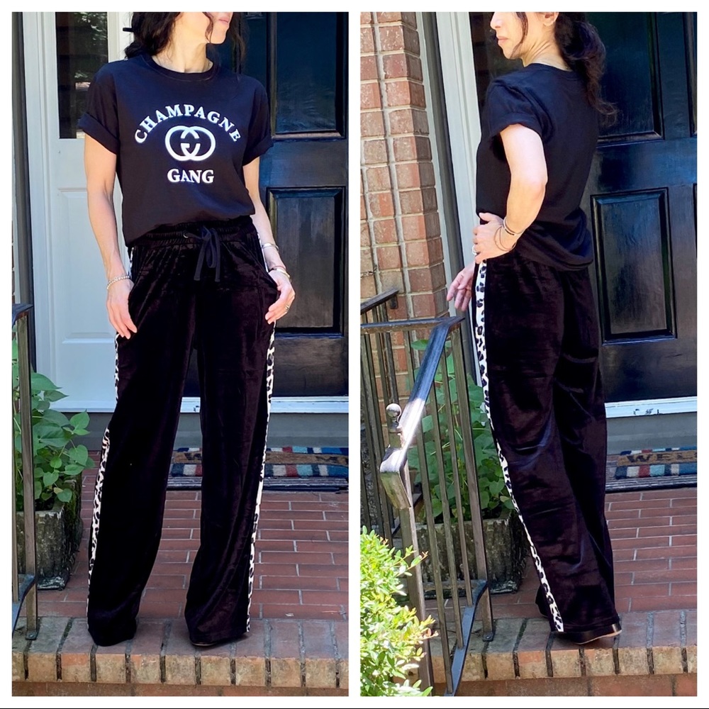 BLACK VELVET WIDE LEG PANTS W/LEOPARD SIDE TRIM - Picture 10 of 16